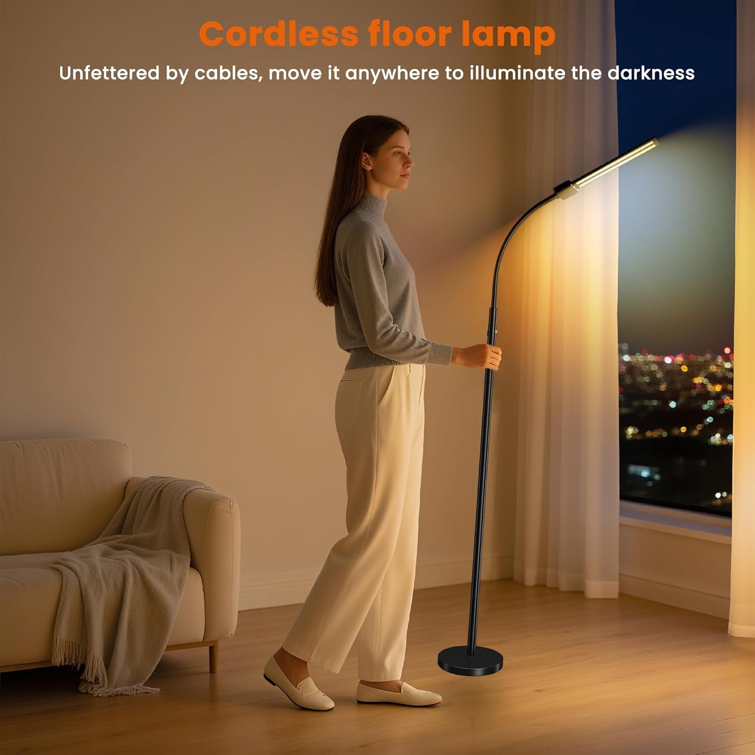 Cordless LED Floor Lamp Black Rechargeable Dual Head Dimmable Reading Light