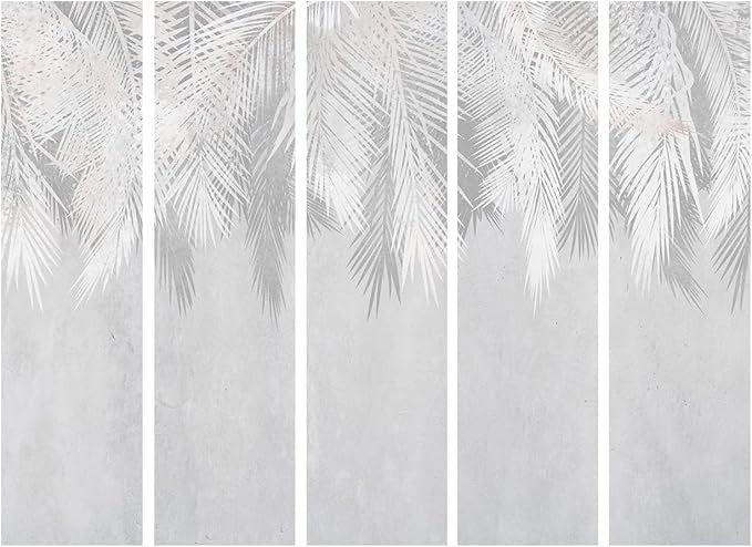 White Grey Palm Leaf 5 Panel Folding Room Divider Large Canvas Screen