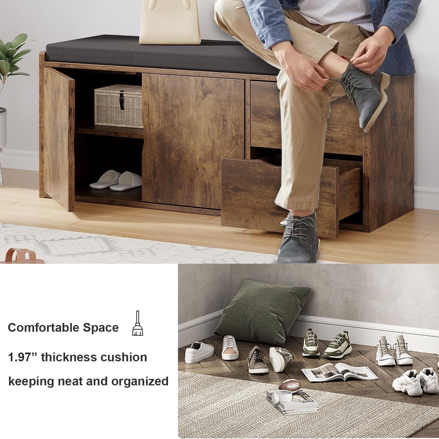 Rustic Brown Shoe Bench with Drawers & Cushion Industrial Storage 101x34x45cm