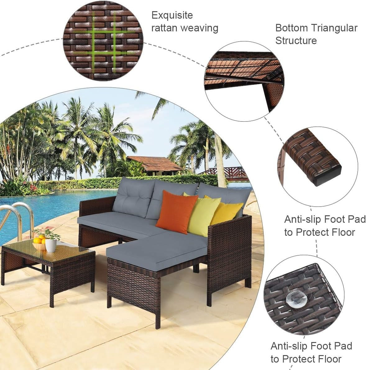 3PC Grey Rattan Garden Corner Sofa Set L-Shape Patio Lounge Glass Table