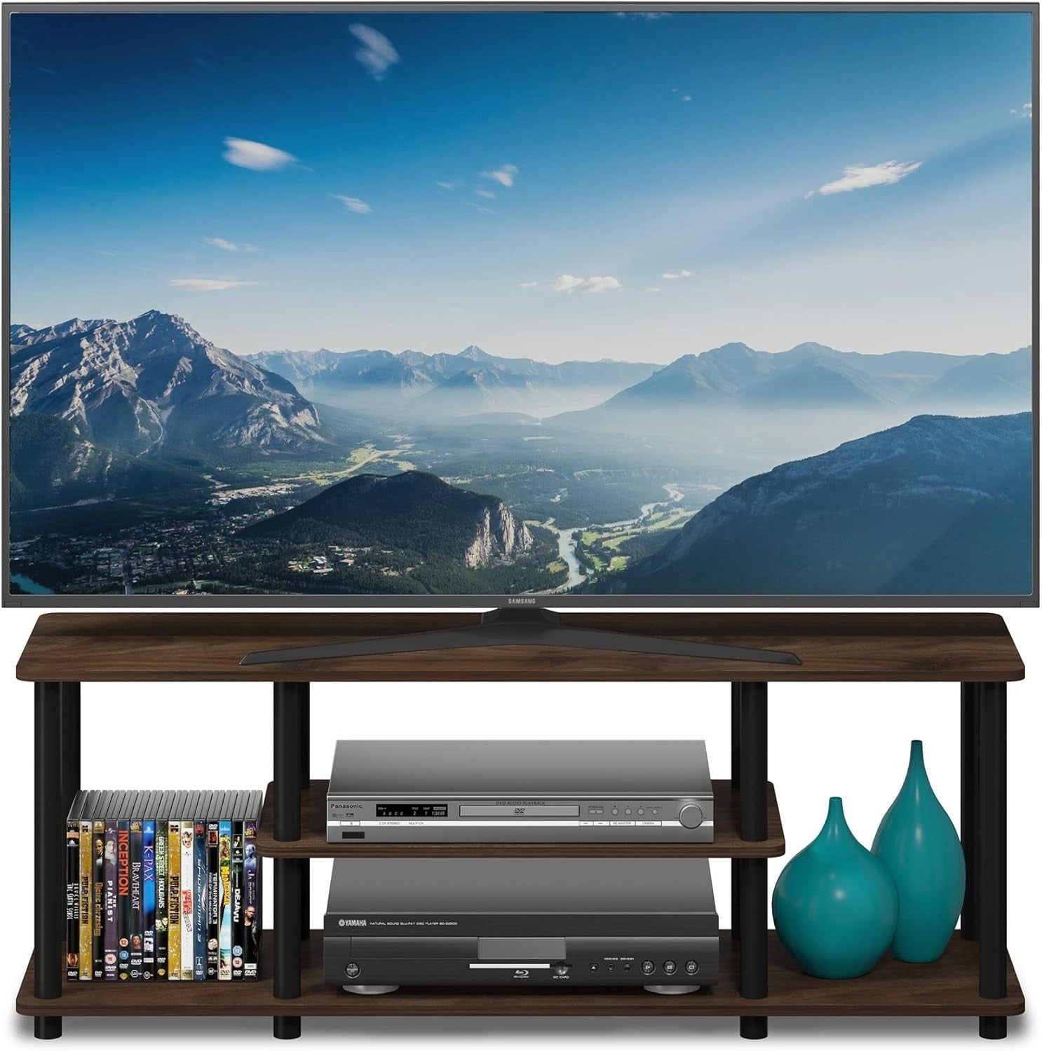 3 Tier TV Stand Walnut Black for 50" Screens | Tool-Free Assembly Unit