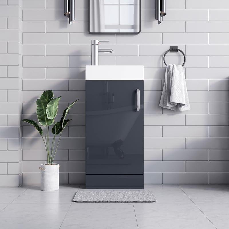 Slim 400mm Bathroom Vanity Unit with Basin Grey Floor Standing Sink Cabinet