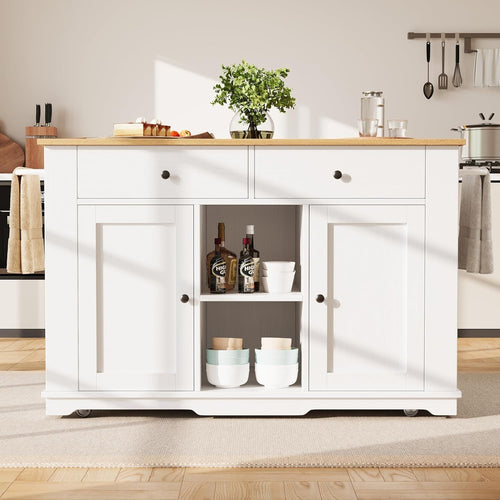 White Kitchen Island with Power Strip, Foldable Top, Drawers & Storage Cabinet