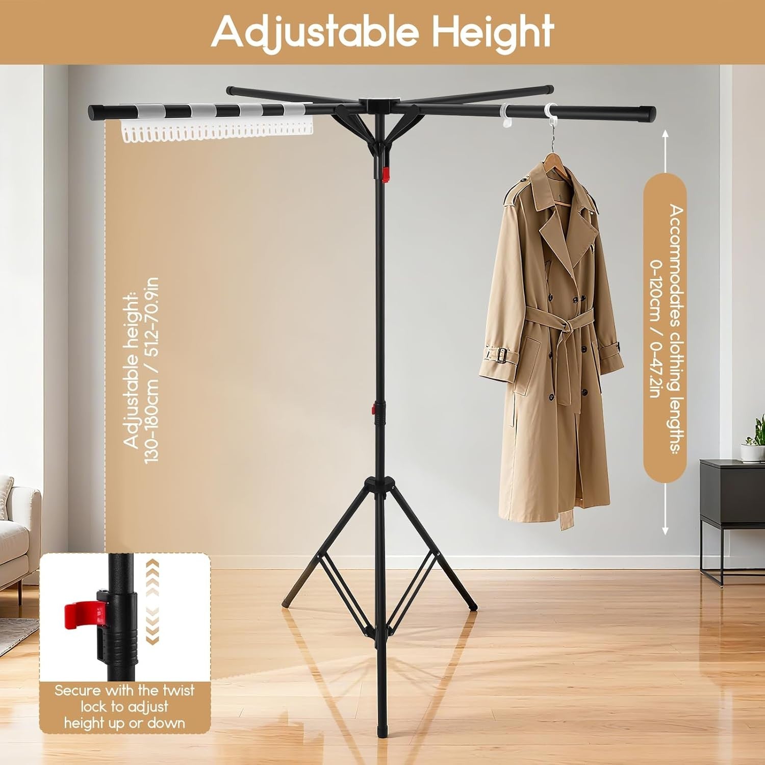 Adjustable Clothes Airer Drying Rack Folding Height Adjustable Space Saving