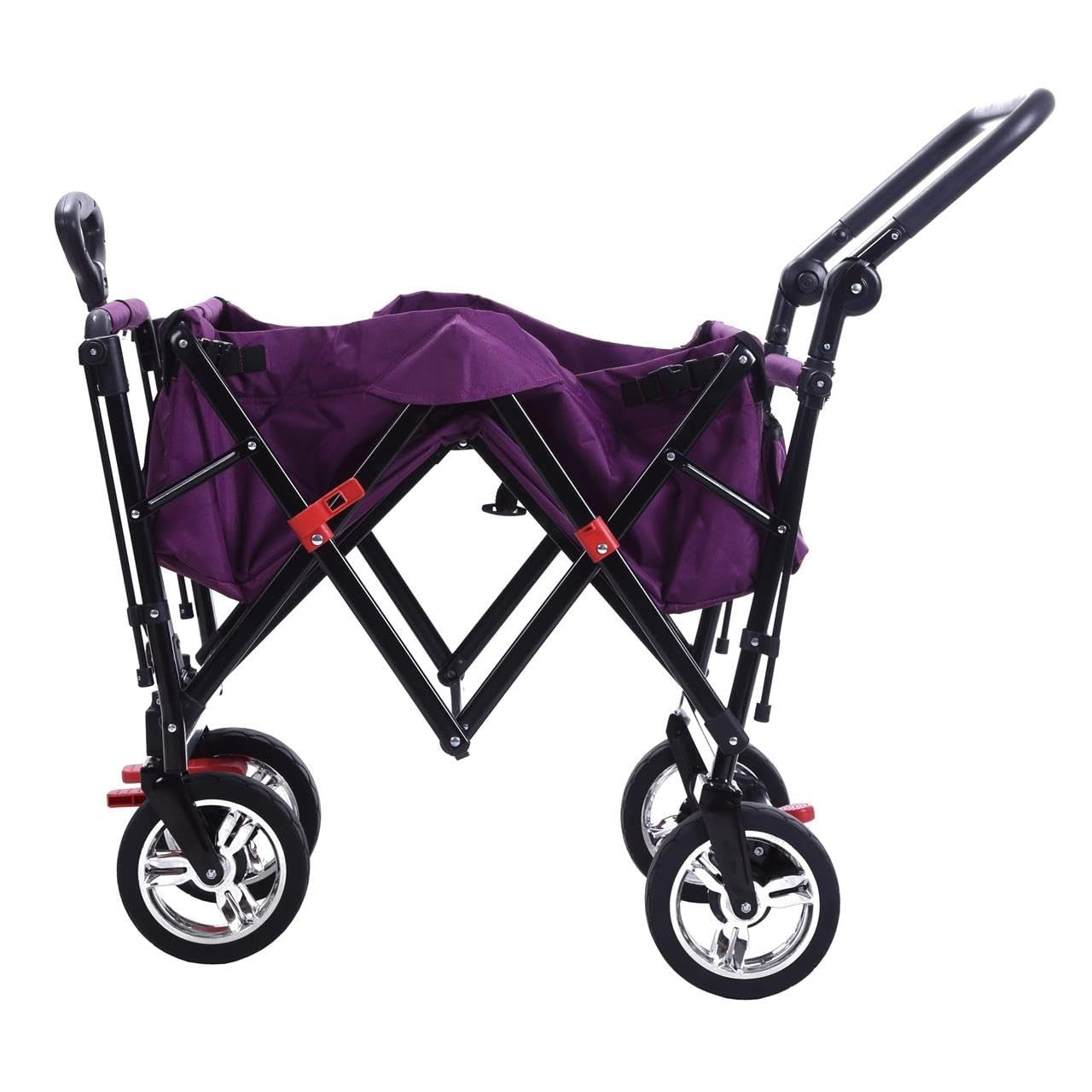 Purple Kids Folding Stroller Wagon Push Pull Cart w/ Canopy & Dual Brakes