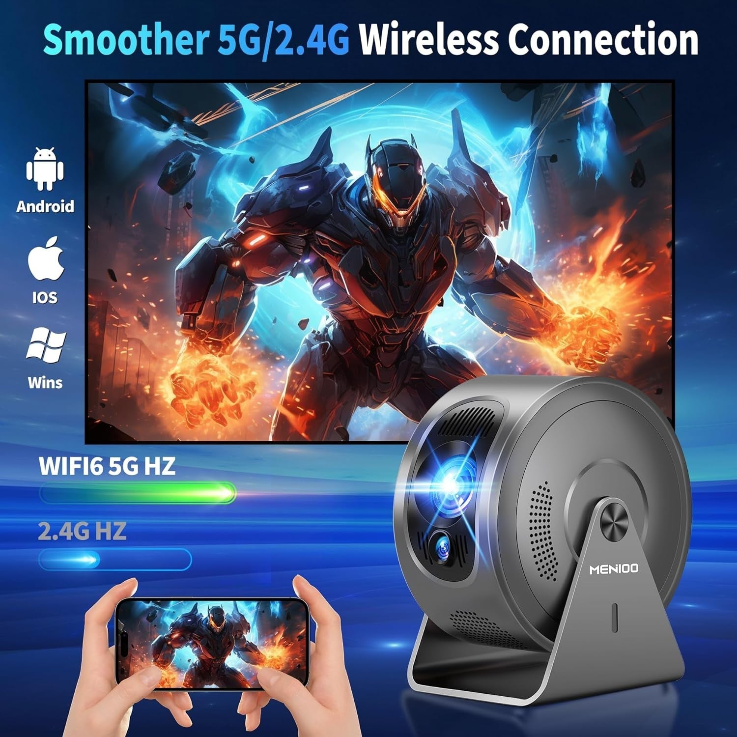 Mini Smart Projector 4K Support Auto Focus WiFi 6 Bluetooth 360°