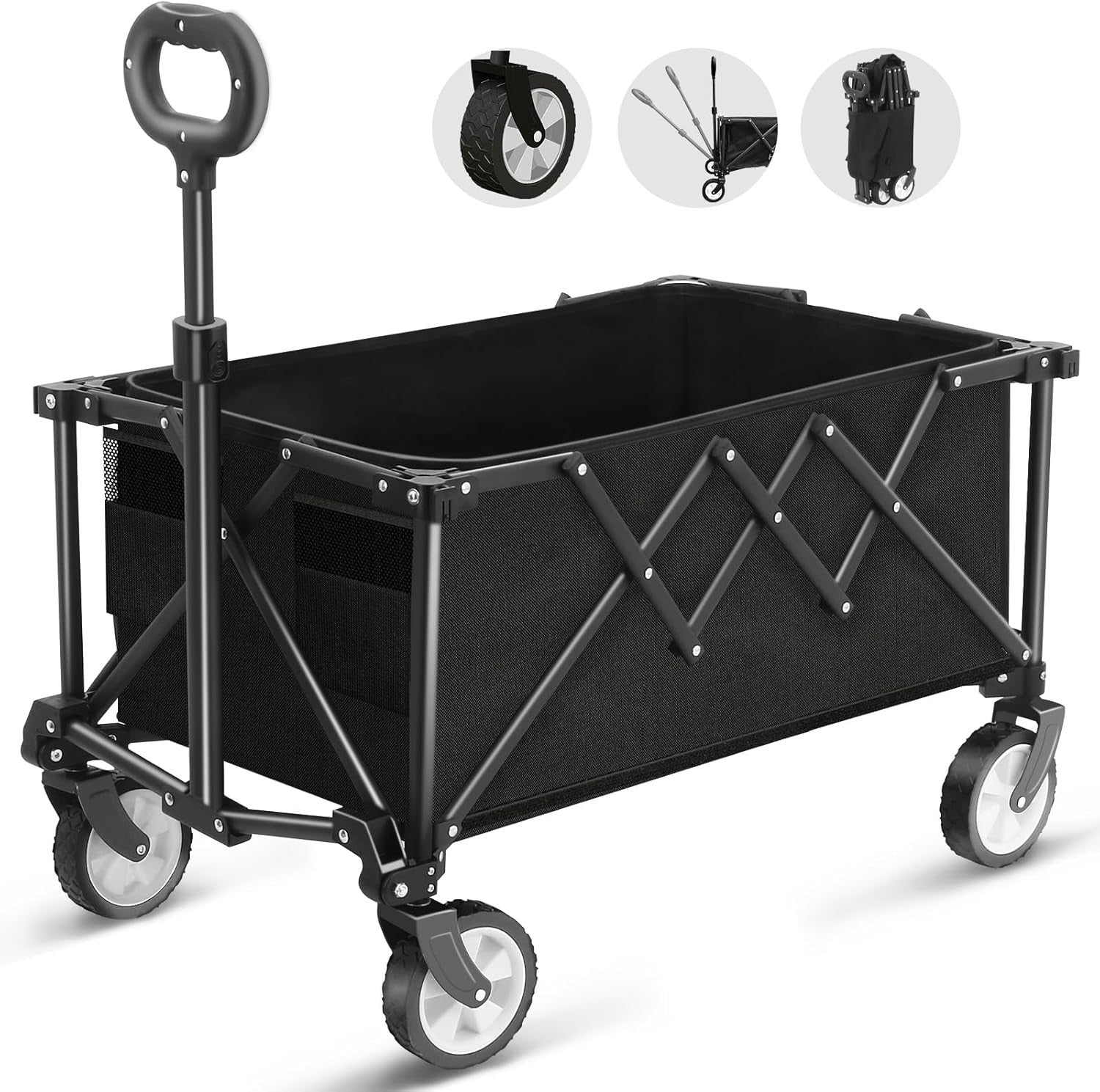 Black Heavy Duty Folding Wagon 100L All-Terrain Garden Camping Beach Trolley