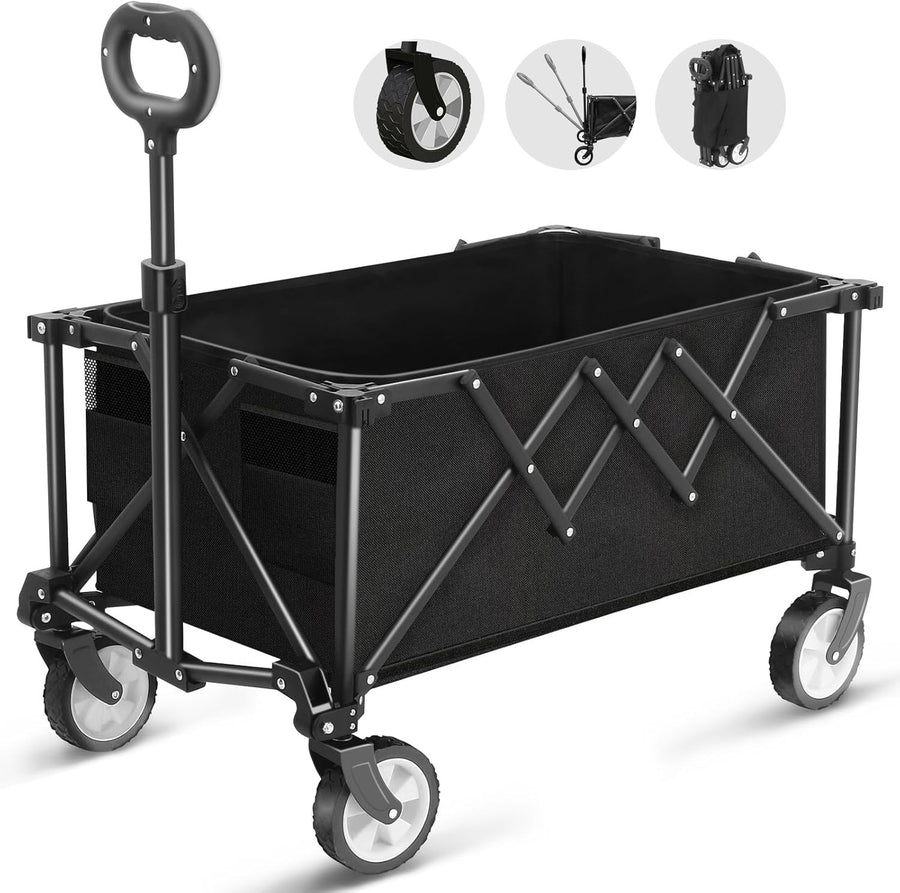 Black Heavy Duty Folding Wagon 100L All-Terrain Garden Camping Beach Trolley