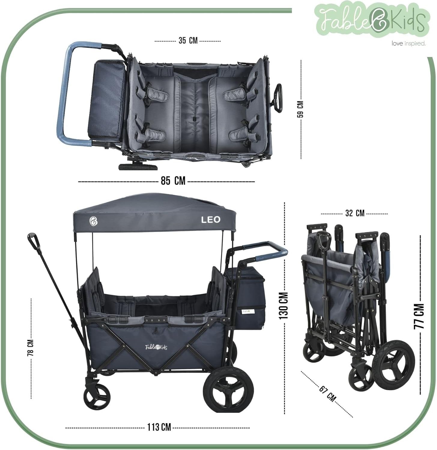 Foldable Kids Stroller Wagon with Roof 4-Seat Off-Road Wheels Blue