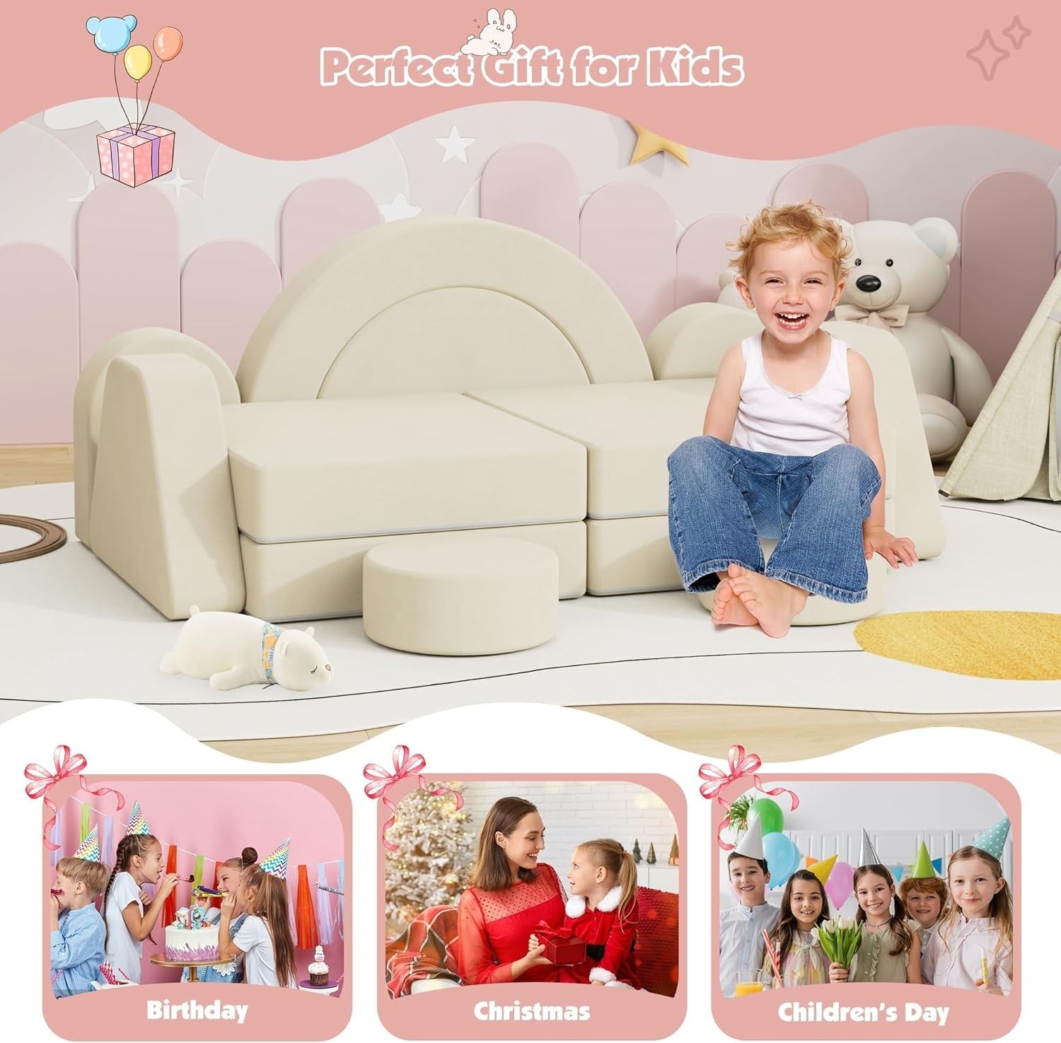 Modular Kids Play Couch Sofa Bed Foam Fort Building Set Beige