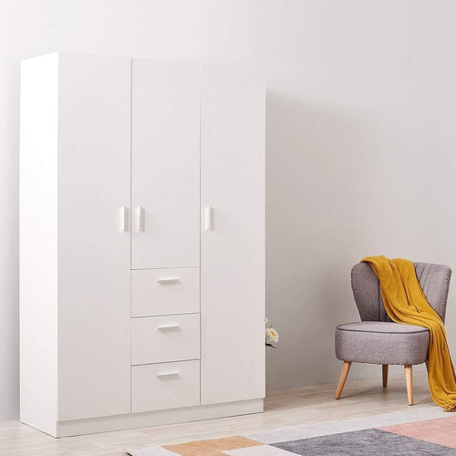 3 Door 3 Drawer Bedroom Wardrobe with Hanging Rail & Storage Shelves White