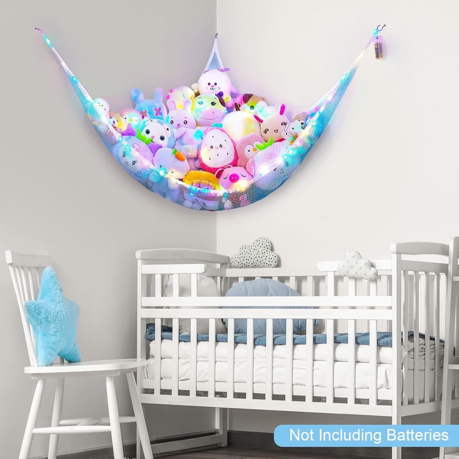 Stuffed Animal Toy Hammock with LED Light – Corner Net Storage Organizer