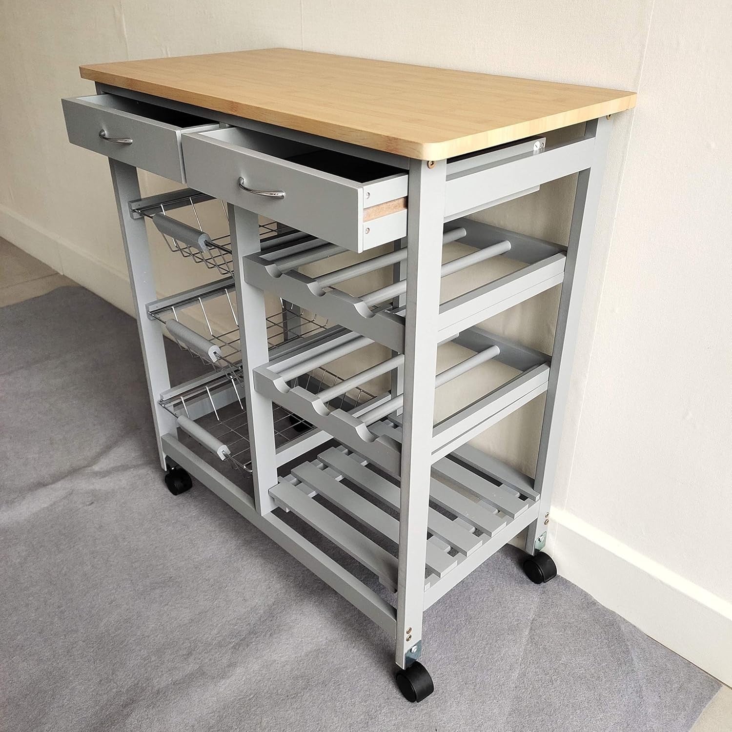 Grey Kitchen Island Trolley on Wheels w/ Drawer Shelf