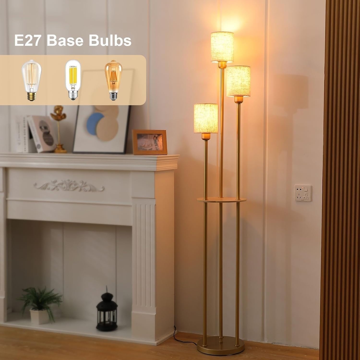 Modern 3-Light LED Floor Lamp with Shelves, Fabric Shade & Foot Switch