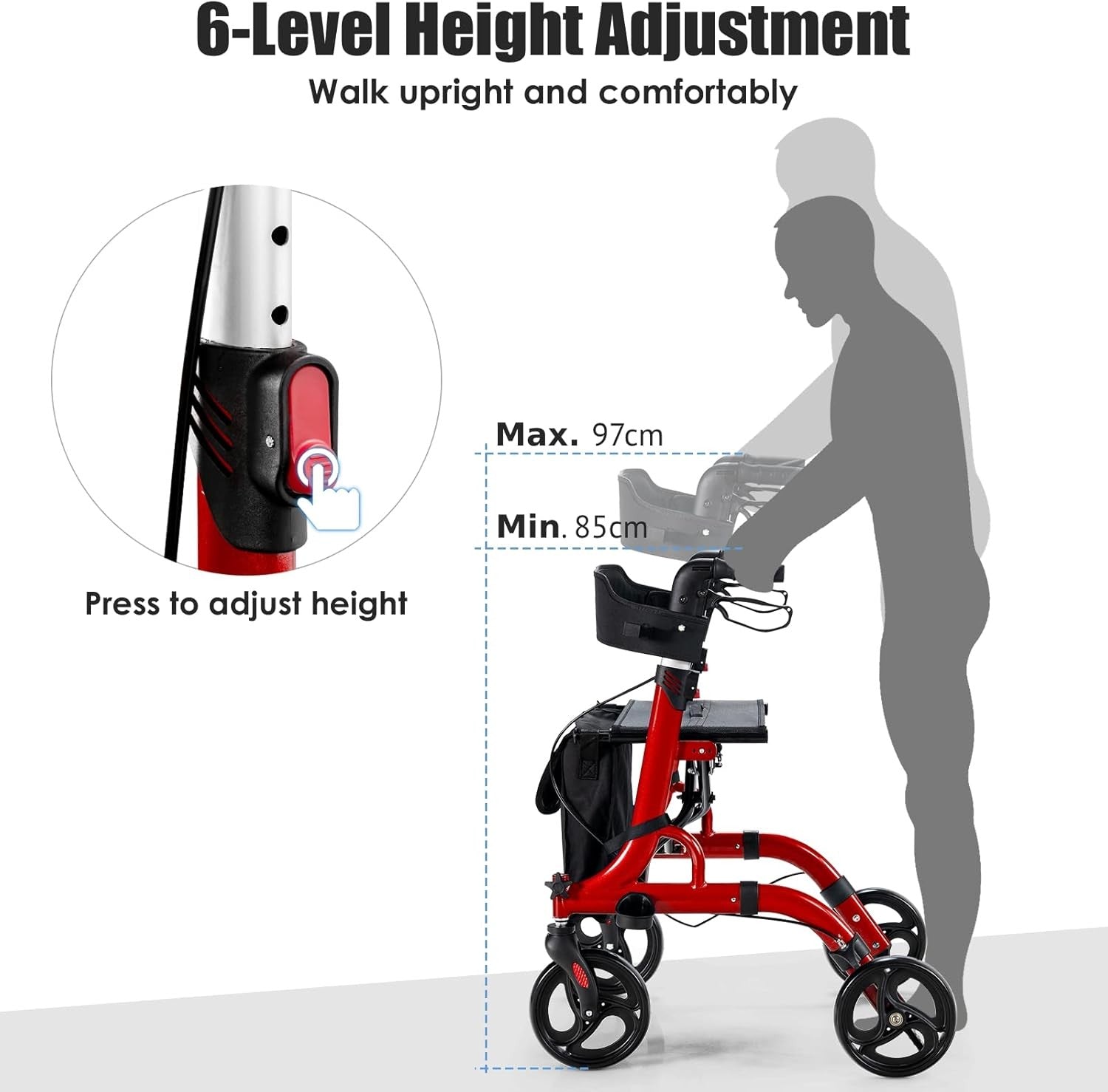 Lightweight Rollator Walker Seat 4 Wheel Folding Adjustable Mobility Aid