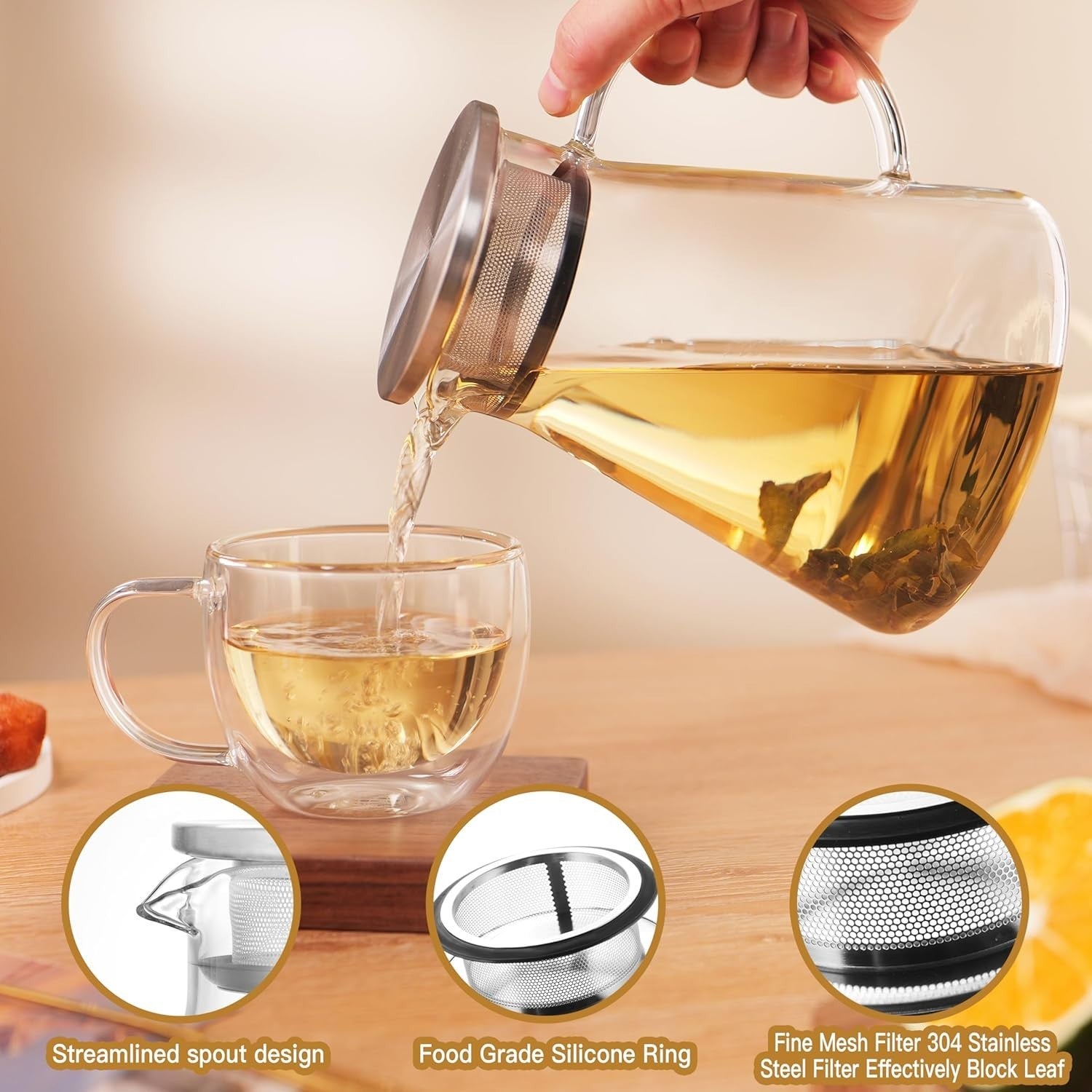 1.2L Glass Teapot Stovetop Safe Tea Kettle Loose Leaf Tea Maker