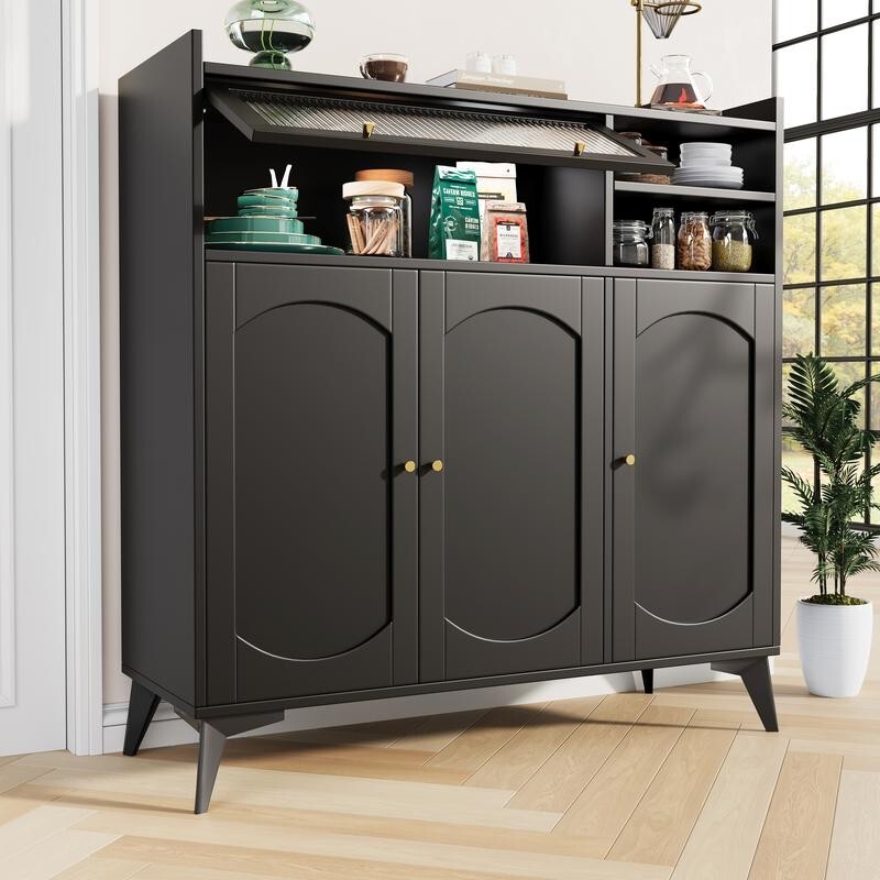 Black Sideboard Cabinet with Glass Door Gold Handles Modern Storage Unit