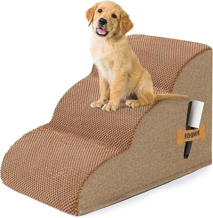 3 Step Dog Stairs Non Slip Pet Ramp for Bed Sofa Washable Brown