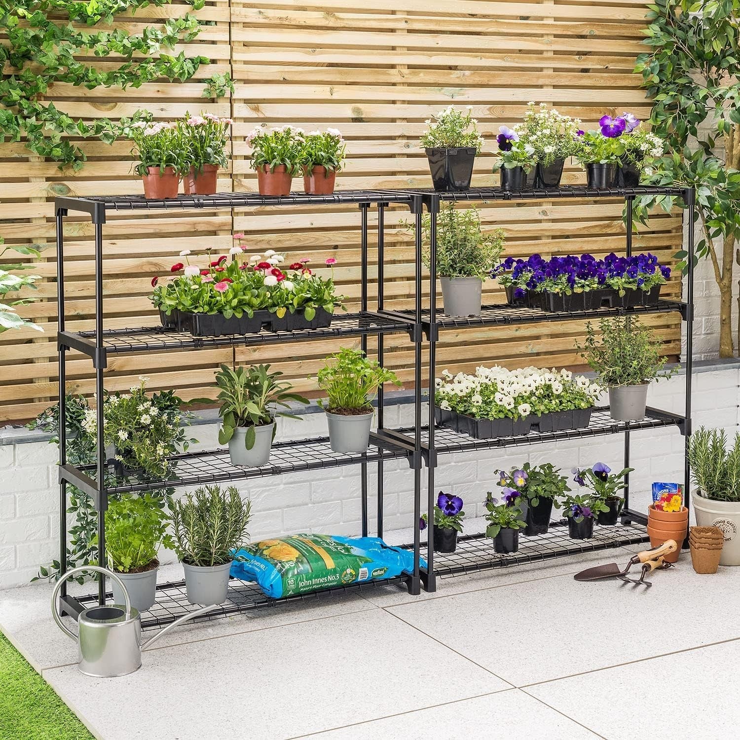 Double 4 Tier Metal Garden Shelving Rack Plant Stand Rust Resistant 107x90x30cm