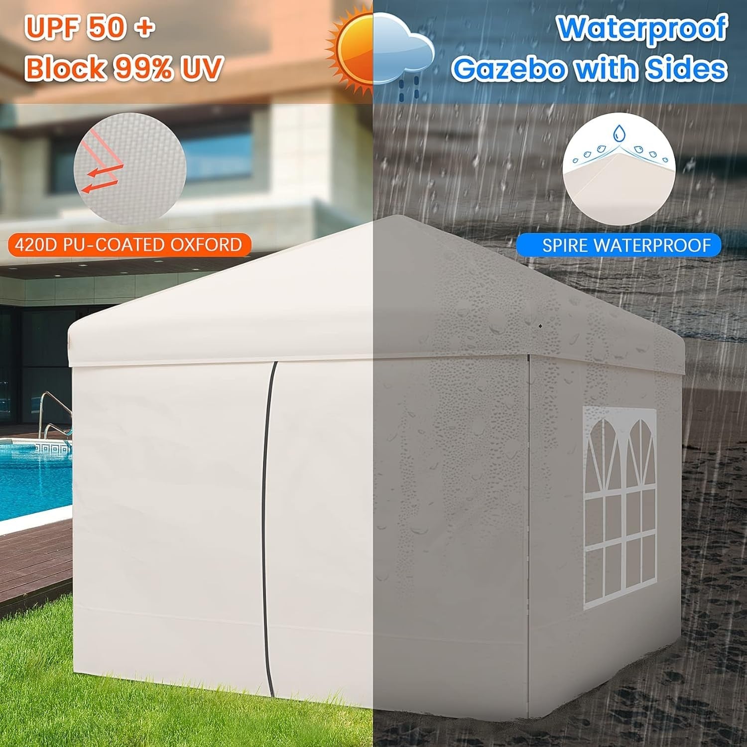 2.5x2.5M Pop Up Gazebo With Sides Windows Waterproof Garden Party Tent Khaki