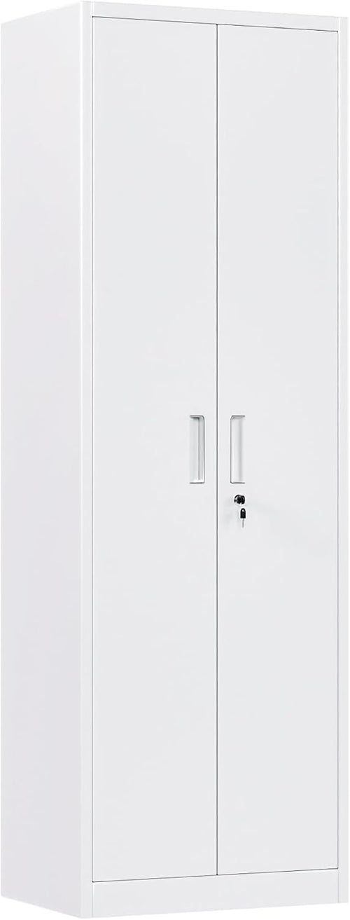 White Metal Storage Cabinet 2 Door Lockable Steel Cupboard Shelves Office 180cm