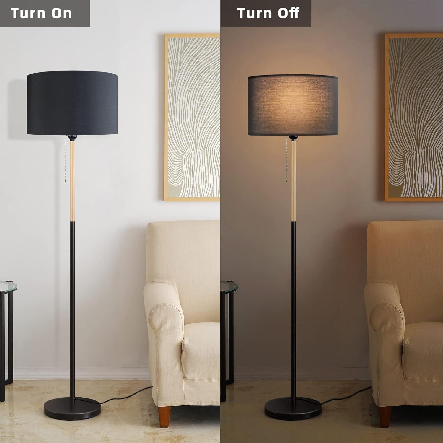 Floor Lamp Linen Shade Tall Standing Light Farmhouse Living Room Bedroom