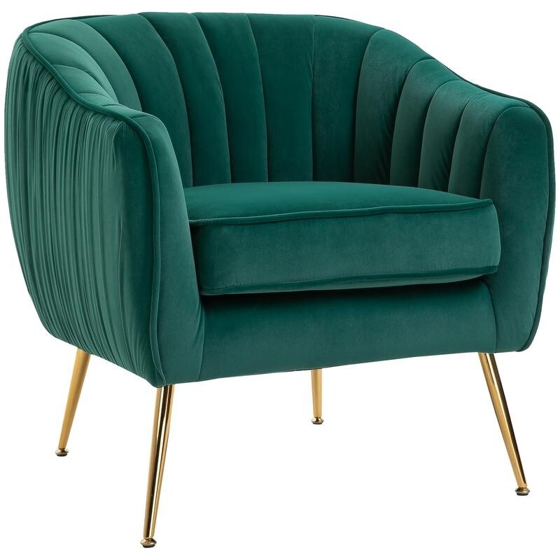 Emerald Green Velvet Accent Chair – Gold Legs, Shell Tub Armchair, Comfy Seat