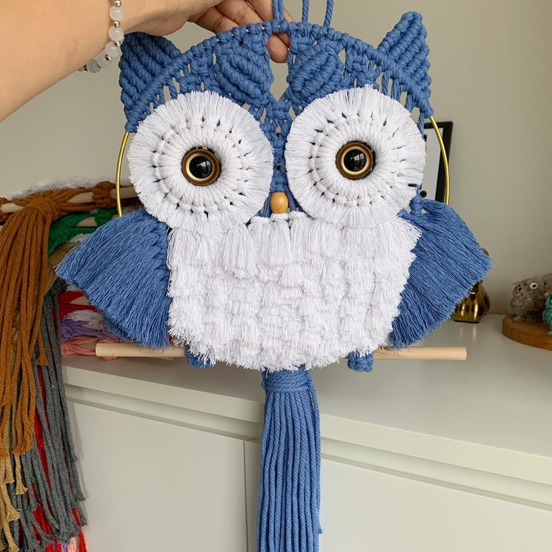 Hazy Blue Macrame Owl Wall Hanging Boho Fiber Art Decor