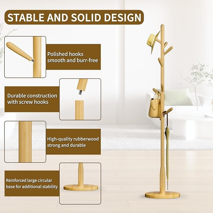 Natural Wood Coat Rack 8 Hooks Round Base Freestanding Hall Tree Stand