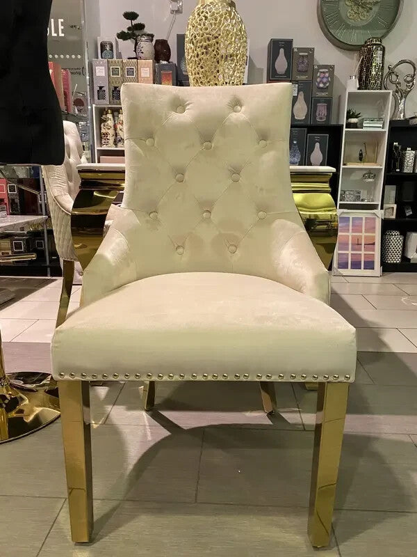2x Mink Velvet Dining Chairs Gold Legs Ring Knocker Back Tufted Set