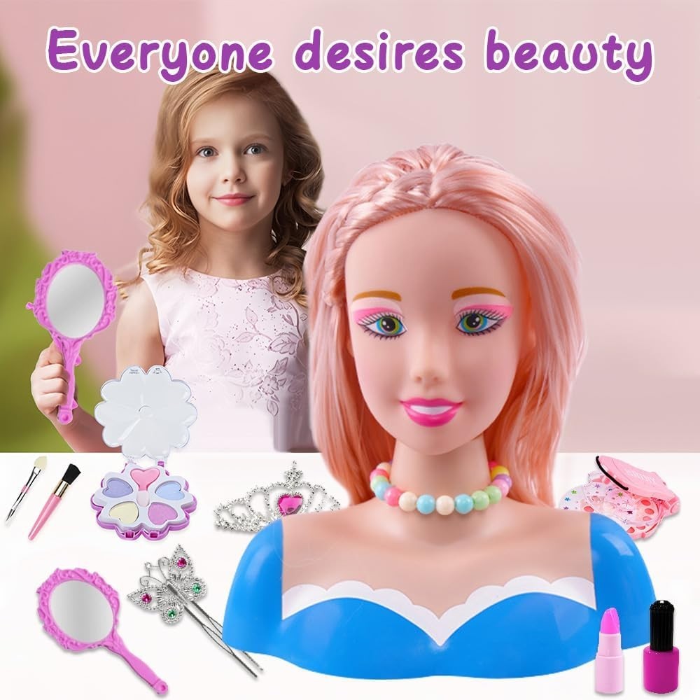 Kids Hair Styling Head Doll Playset 44pcs Makeup Hairdresser Toy