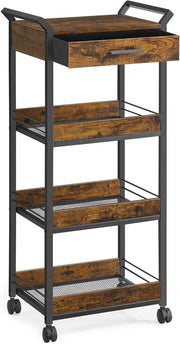 4 Tier Storage Trolley Rolling Cart with Drawer Table Top Mesh Shelves Wheels