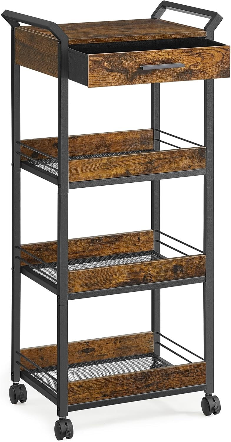 4 Tier Storage Trolley Rolling Cart with Drawer Table Top Mesh Shelves Wheels