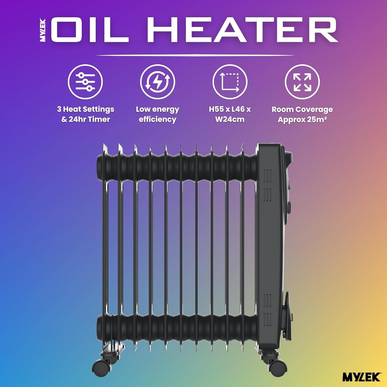 2500W Oil Filled Radiator Heater Portable Electric 3 Heat Settings Thermostat