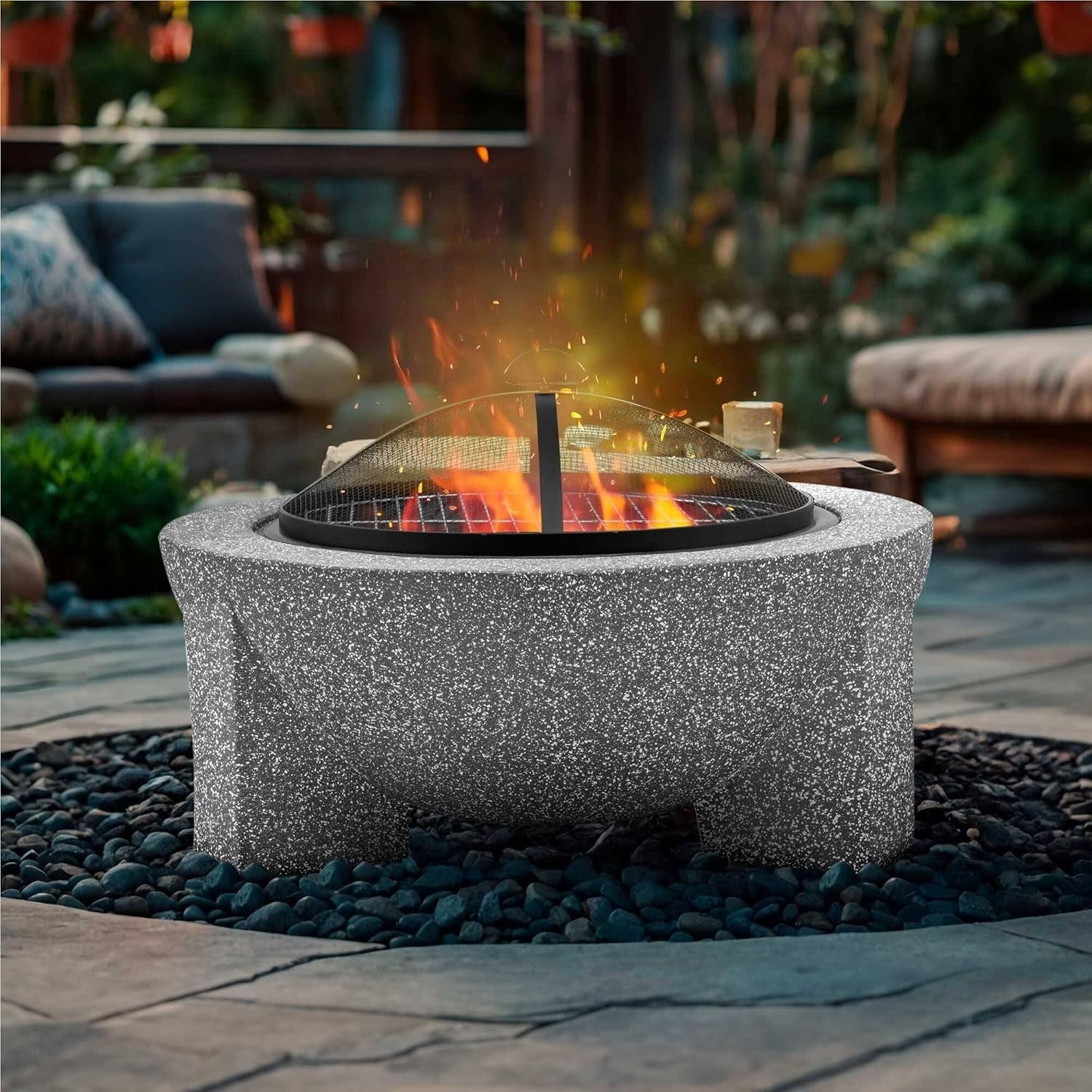 Large Outdoor Fire Pit BBQ Grill 75cm Round Concrete Finish w/ Mesh Cover