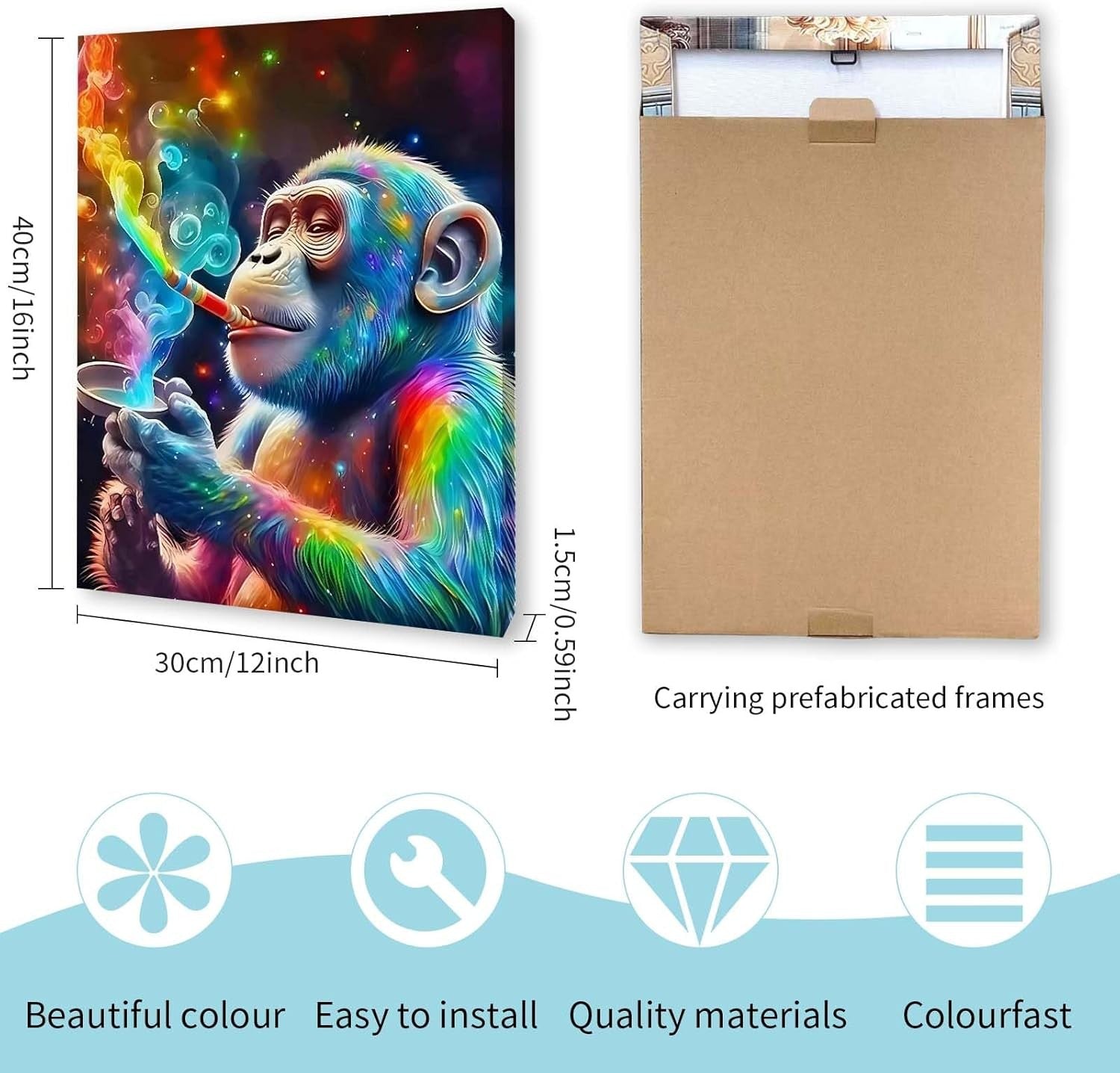 Colourful Monkey Canvas Wall Art 12x16 Framed Modern Bedroom Decor