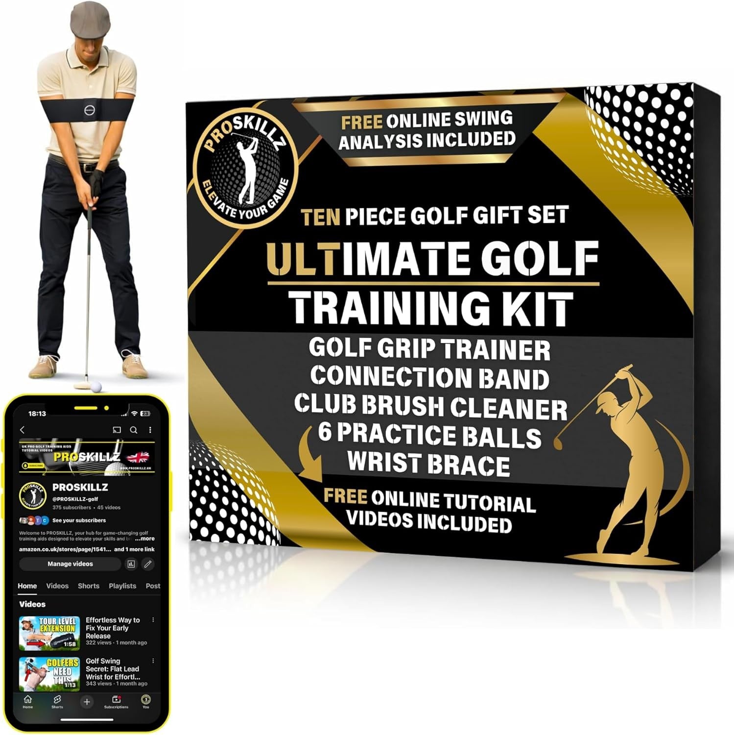 Golf Training Kit Set Grip Trainer Band Balls Wrist Brace