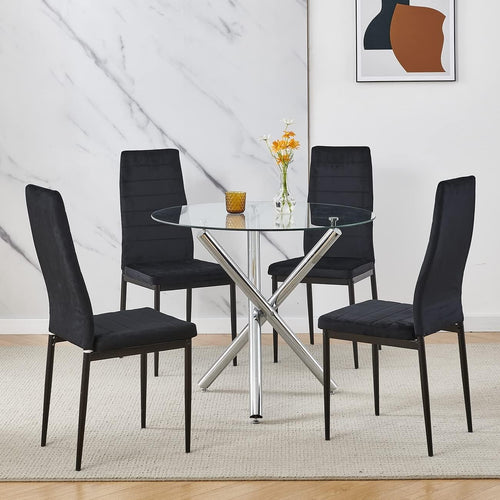 Round Glass Dining Table Set with 4 Black Velvet Chairs – Modern Compact