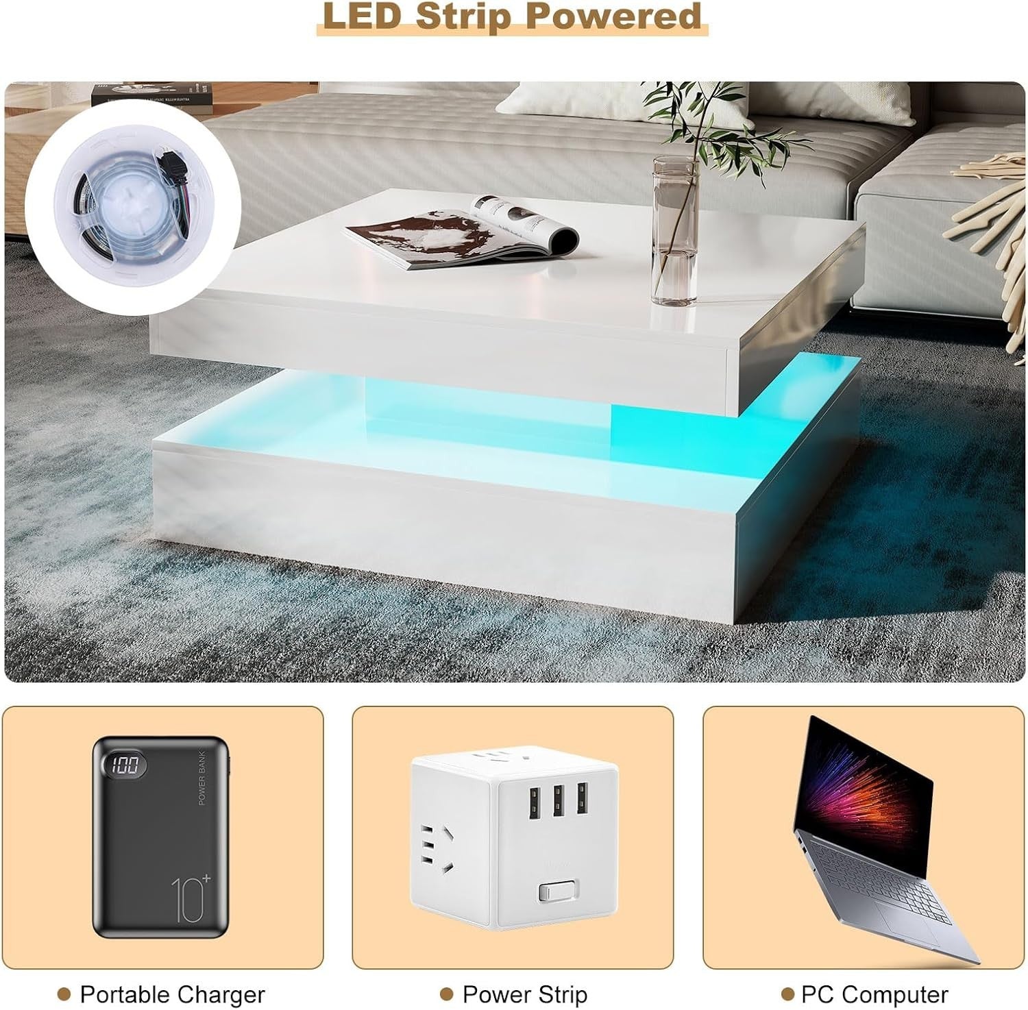 White LED Coffee Table with Storage, 2-Tier Square High Gloss 78x78cm