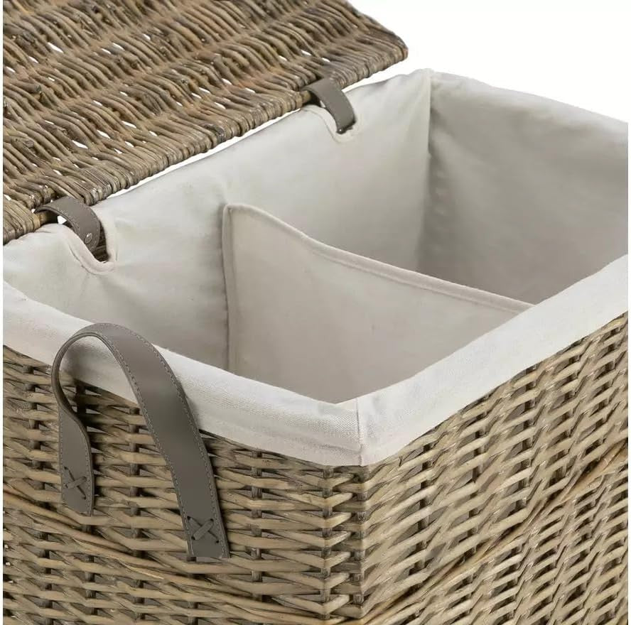 Large Willow Laundry Basket 44×55cm Dual Compartment Wicker Hamper w/ Liner Grey