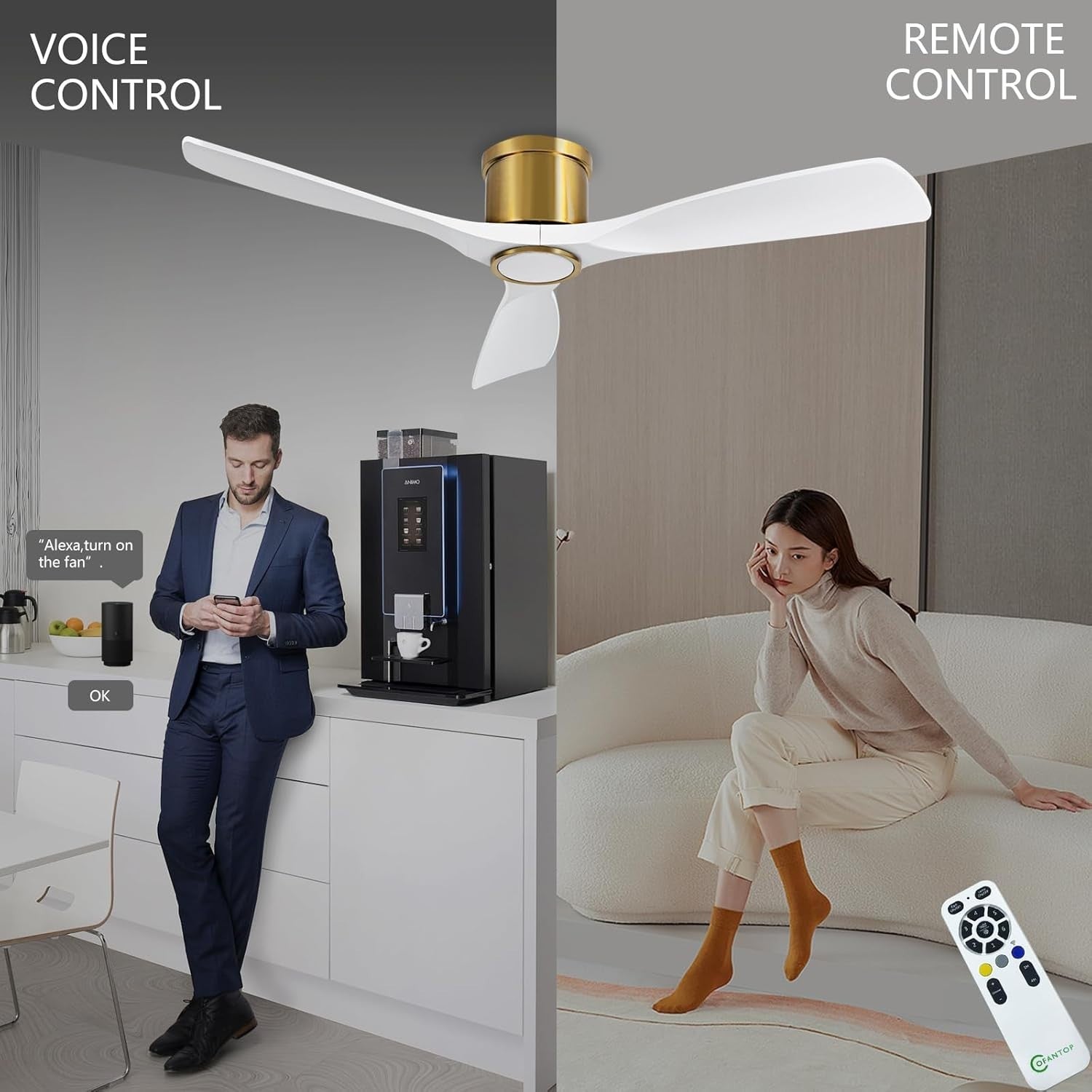 OFANTOP 132CM Smart Ceiling Fan with Light, 3-Blade, Dimmable LED, White