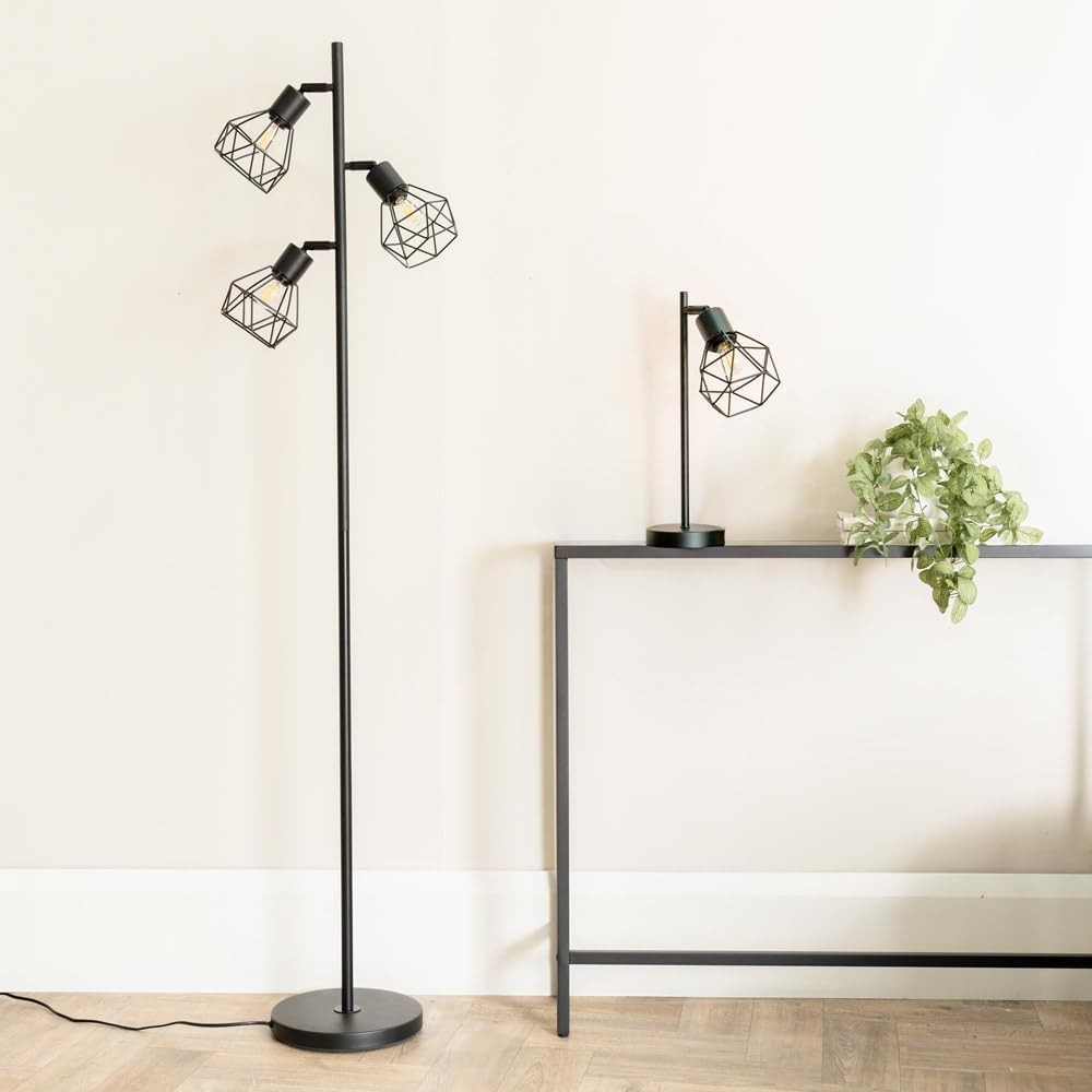 3 Arm Industrial Floor Lamp Matt Black Metal Cage Shades Tall Standing