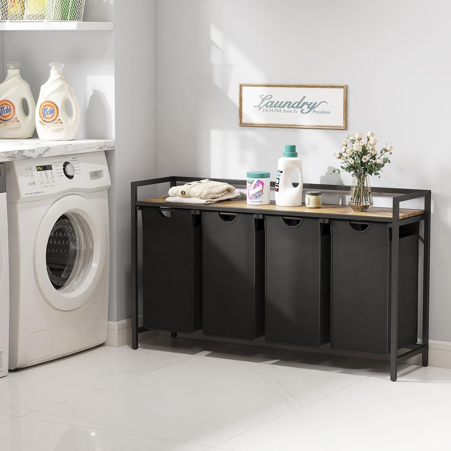 168L 4-Section Laundry Hamper with Shelf | Pull-Out Bags & Handles | Clothes Sor