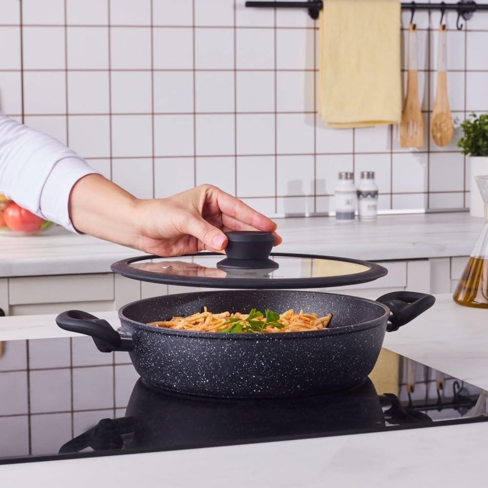 7pcs Black Nebula Granite Non-Stick Induction Cookware Set with Lid PFOA Free