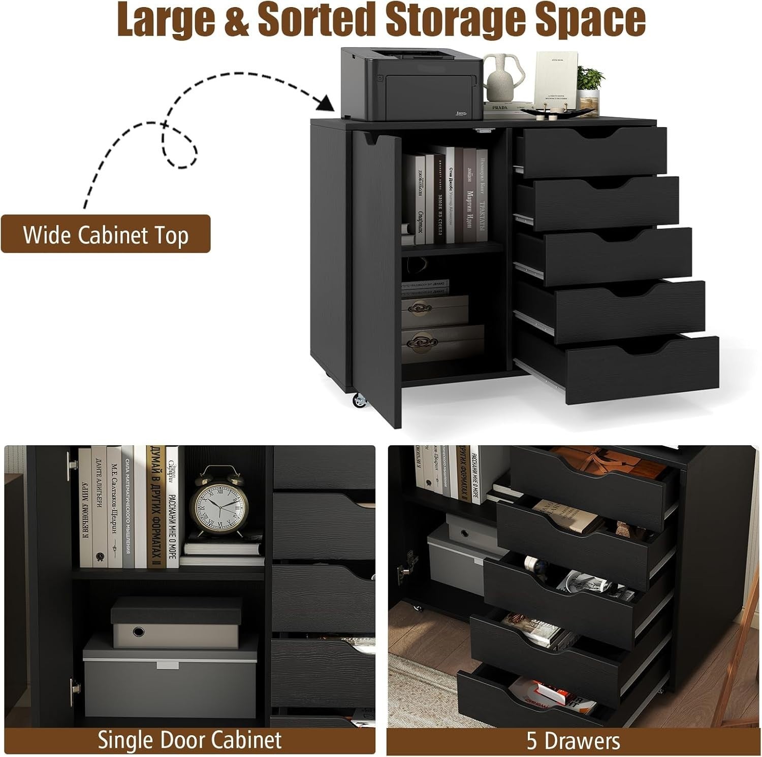 Black Mobile 5 Drawer File Cabinet with Side Cupboard Rolling Office