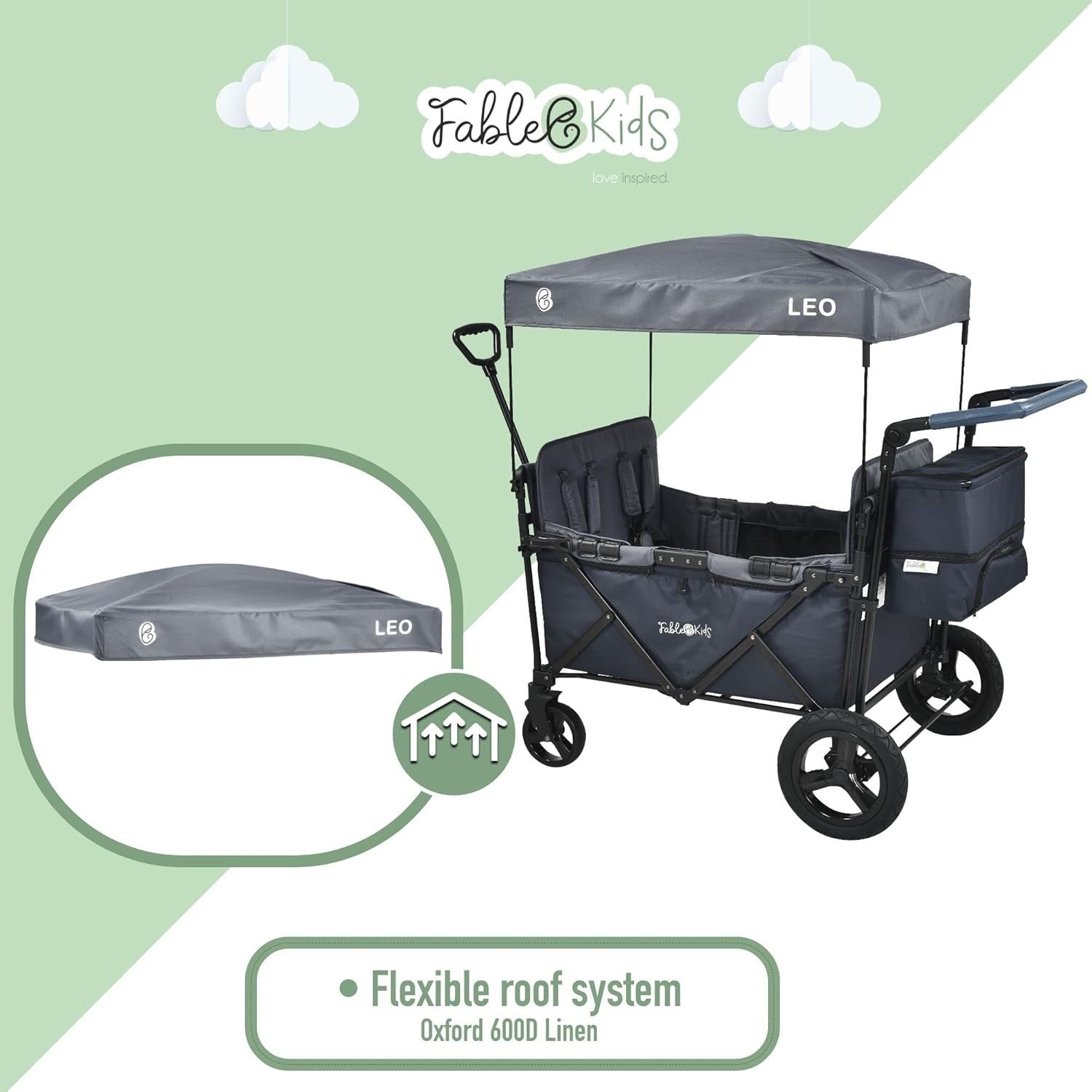 Foldable Kids Stroller Wagon with Roof 4-Seat Off-Road Wheels Blue