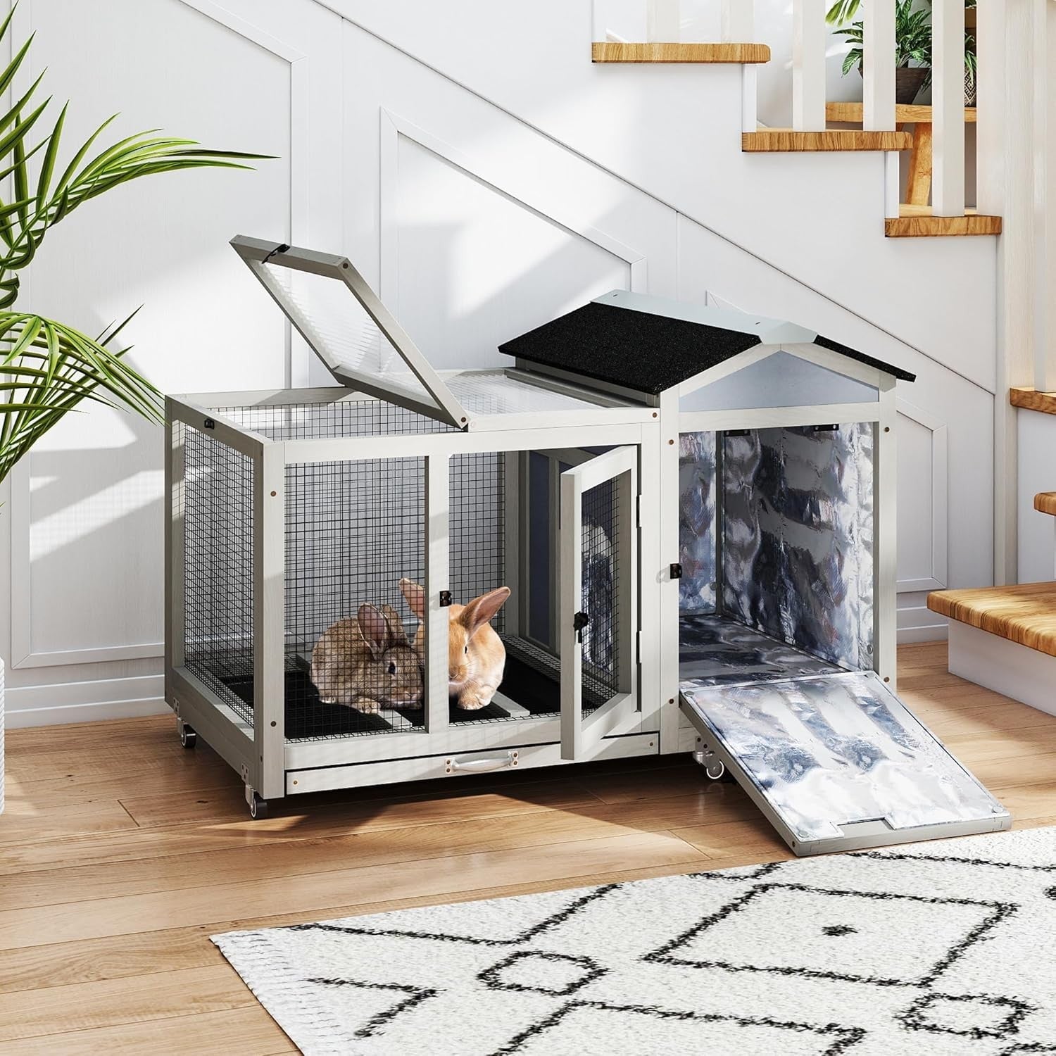 Large Insulated Wooden Rabbit Hutch Indoor Outdoor with Tray Lock Wheels