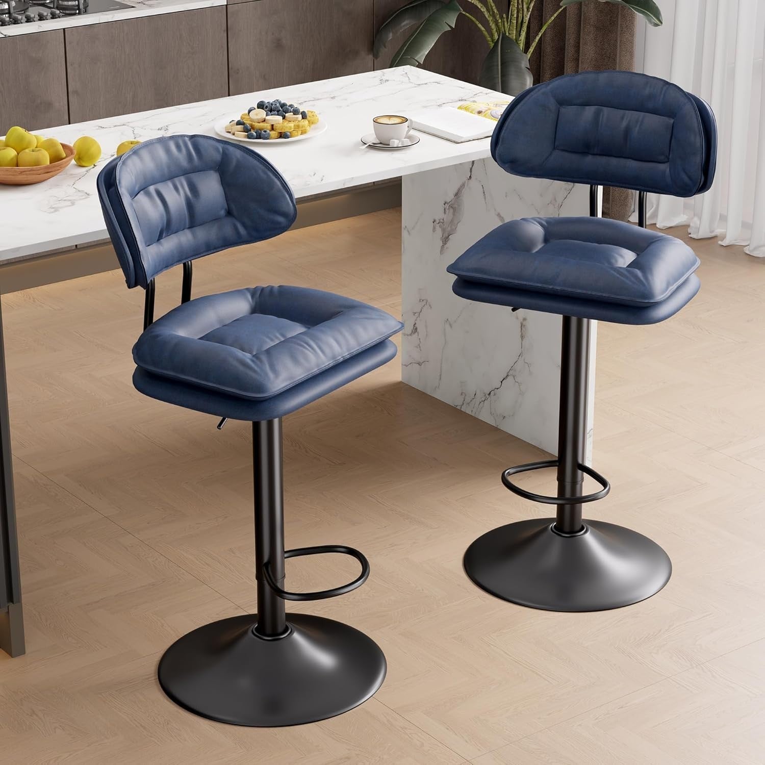 Adjustable Swivel Bar Stools Set of 2 | Blue Faux Leather Counter Height