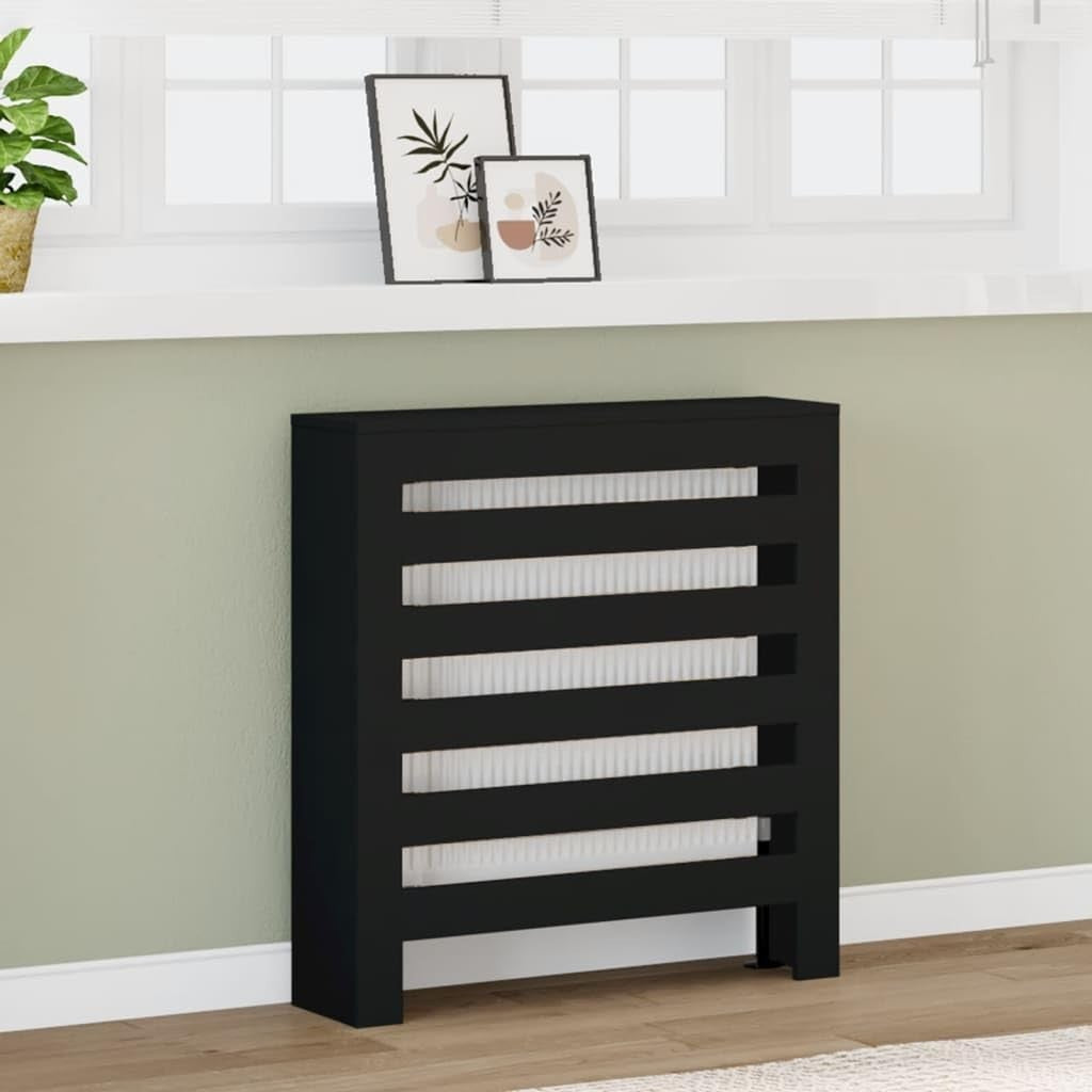 Black Radiator Cover Cabinet | Modern MDF Slatted Heater Shelf | 78x20x82cm