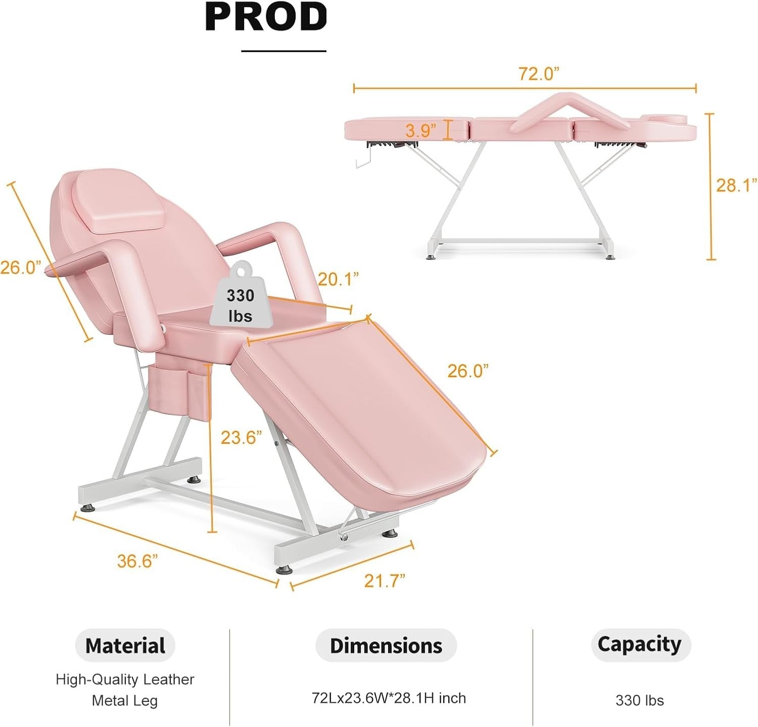 Adjustable 3-Section Beauty Massage Bed w/ Hydraulic Stool & Headrest Pink